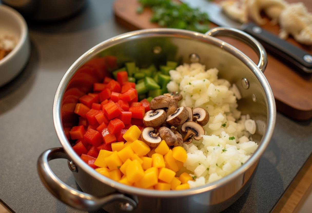 Chopped vegetables ready for adding to breakfast scramble inspired by How I Met Your Mother.