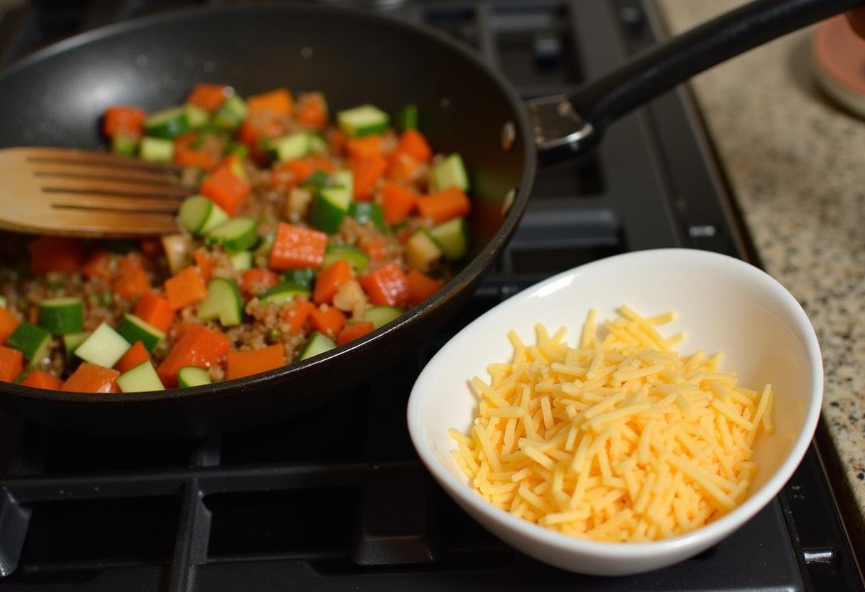 Sautéed vegetables being mixed into eggs for a delicious breakfast at MacLaren's from How I Met Your Mother.