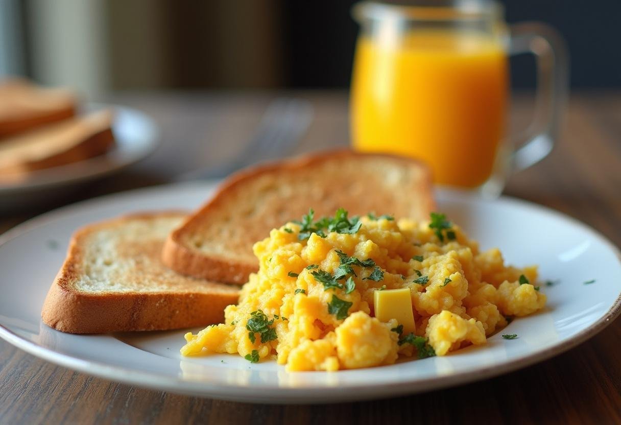 Plate of breakfast scramble with toast and orange juice, inspired by MacLaren's in How I Met Your Mother.