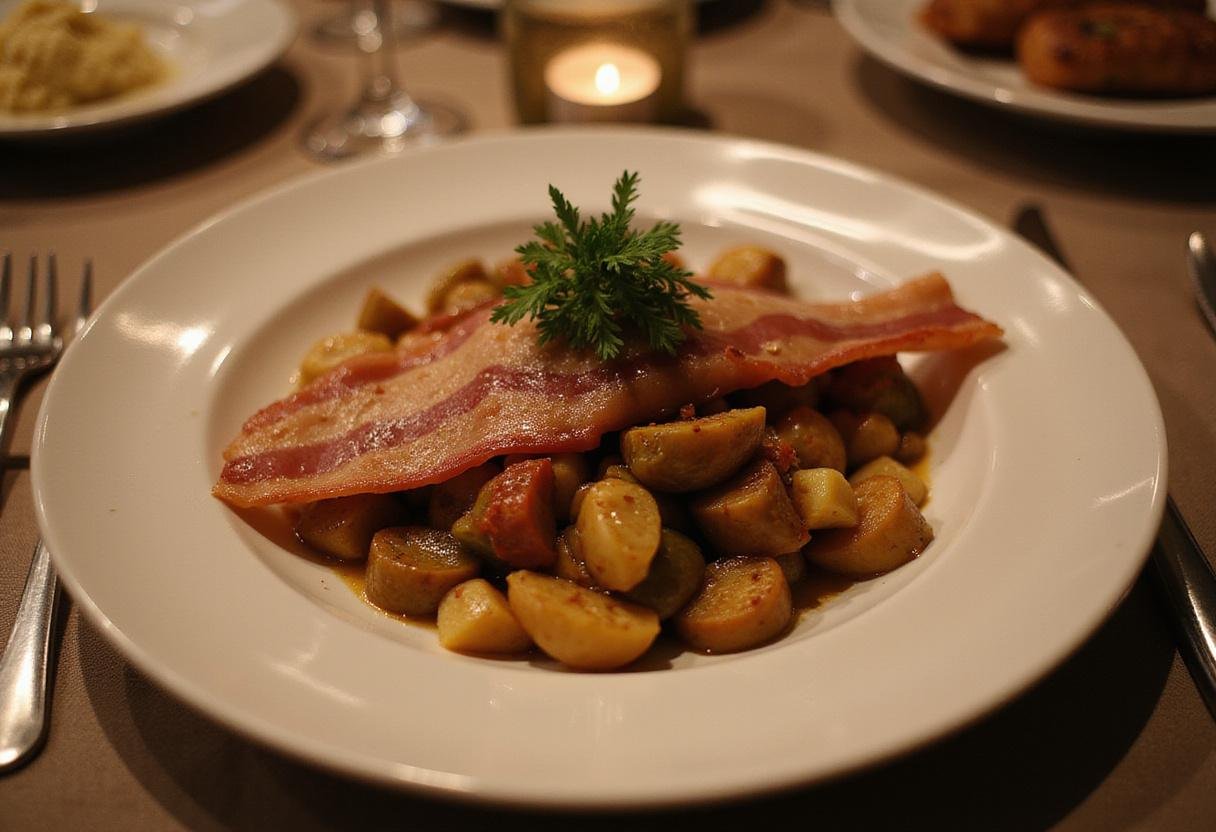 Final presentation of Canadian bacon with vegetables, capturing the homey and delicious essence of the How I Met Your Mother recipe.