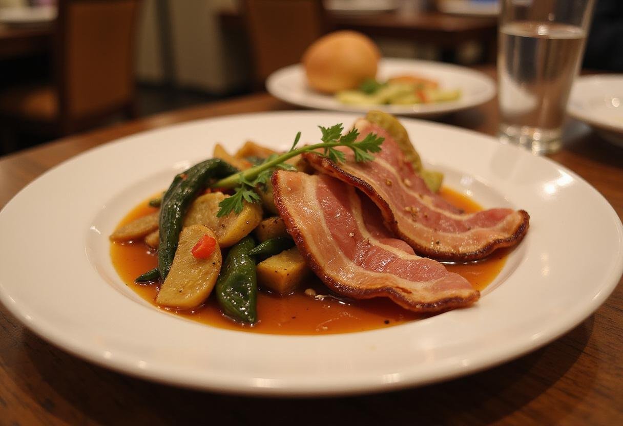 Final presentation of Canadian bacon with vegetables, capturing the homey and delicious essence of the How I Met Your Mother recipe.