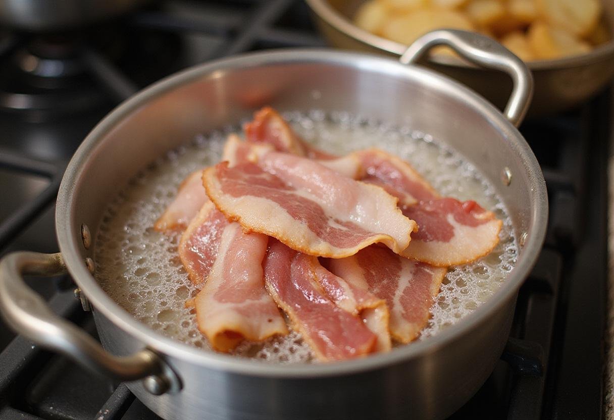 Preparation of Canadian bacon by boiling slices in a pot, showcasing a rich and savory dish from How I Met Your Mother.