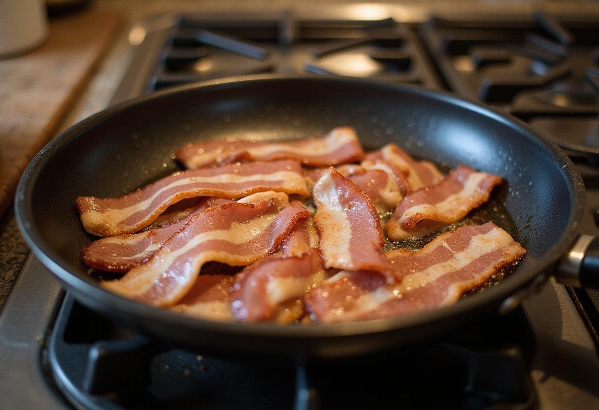 Cooking delicious Canadian bacon in a skillet, capturing the essence of savory flavor in the How I Met Your Mother recipe.