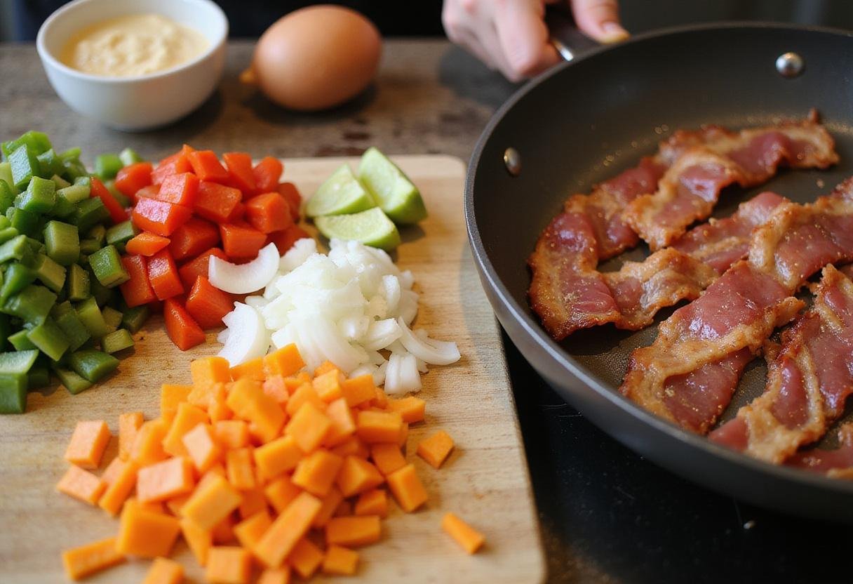 Chopped fresh vegetables ready to be added to Canadian bacon, highlighting a vibrant and flavorful preparation inspired by How I Met Your Mother.