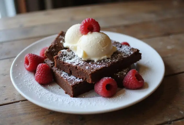Gorgeous presentation of Lily's Brownies with a touch of powdered sugar and served alongside ice cream, perfect for dessert lovers.