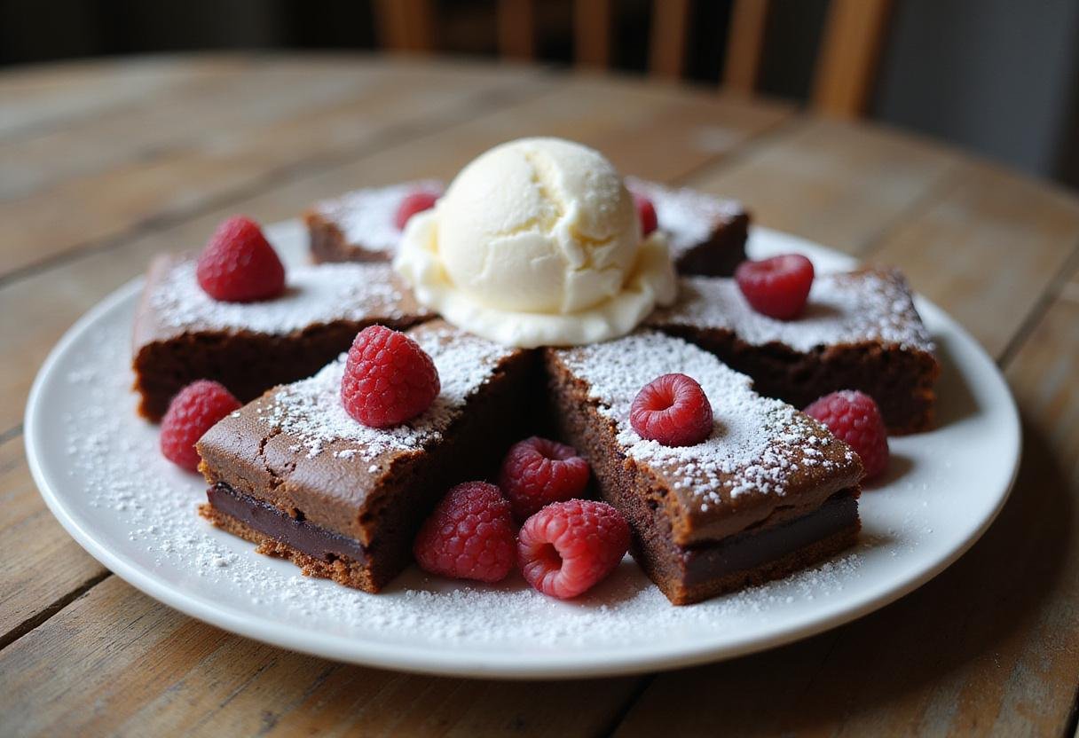 Gorgeous presentation of Lily's Brownies with a touch of powdered sugar and served alongside ice cream, perfect for dessert lovers.