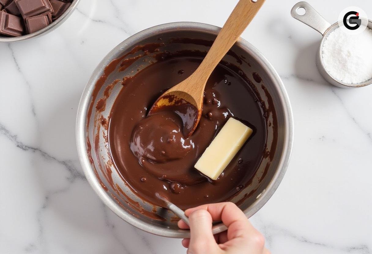 Delicious melted chocolate and butter mix for Lily's Brownies, showcasing rich dark chocolate being combined with sugar.