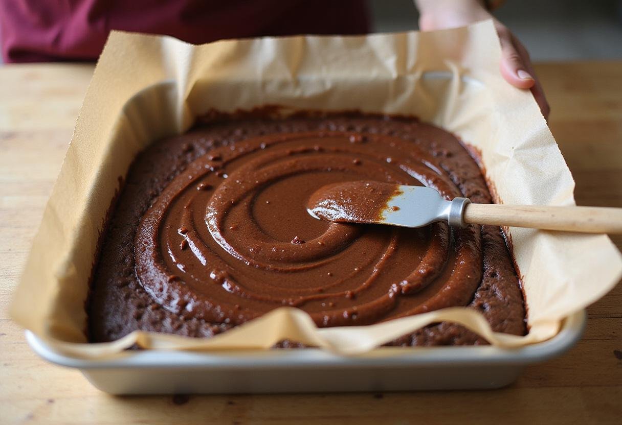 Pouring rich brownie batter into a baking pan for Lily's Brownies, preparing to create a fudgy dessert.