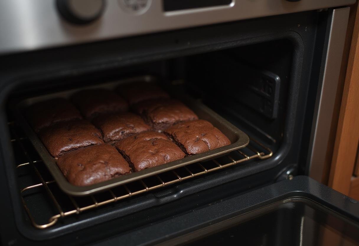 Baking decadent Lily's Brownies in the oven, capturing the anticipation of a warm, chocolatey treat finishing in the kitchen.