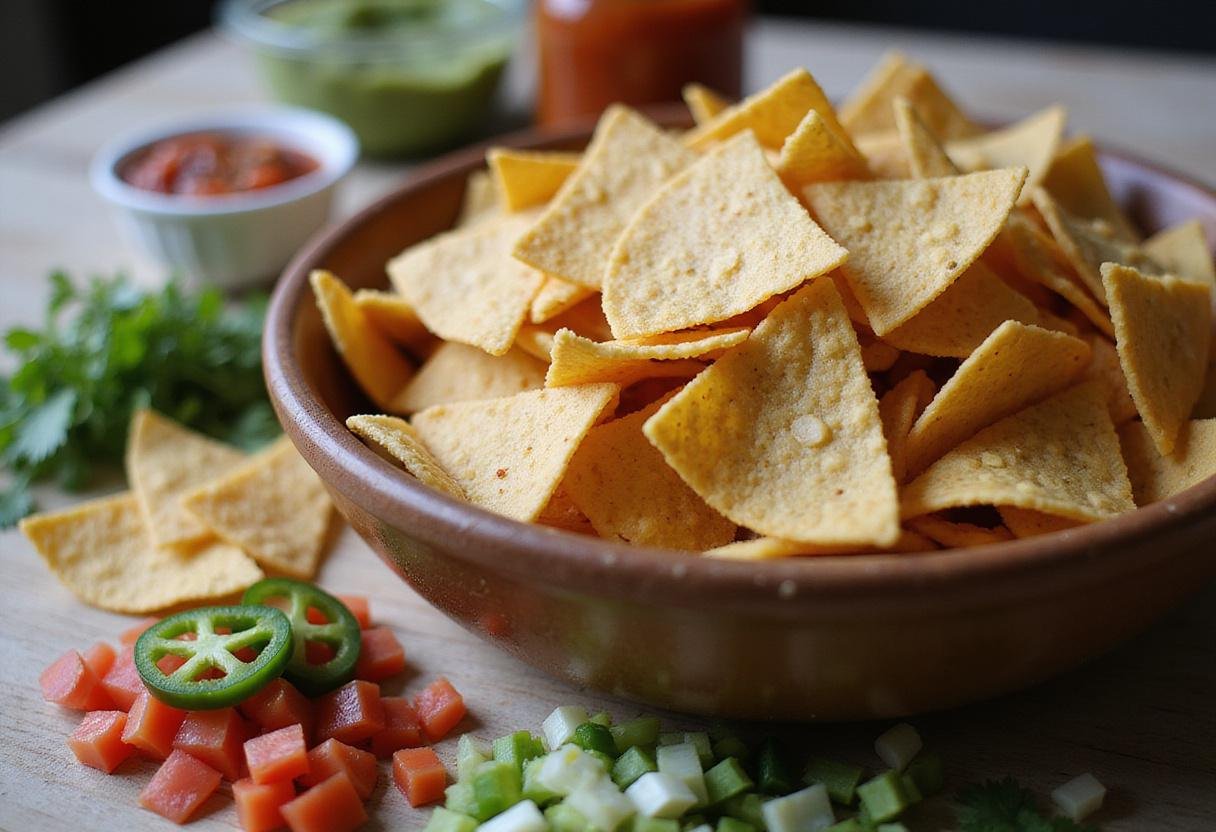 Mouth-watering tortilla chips and fresh toppings ready for How I Met Your Mother Nachos with Cheese preparation.