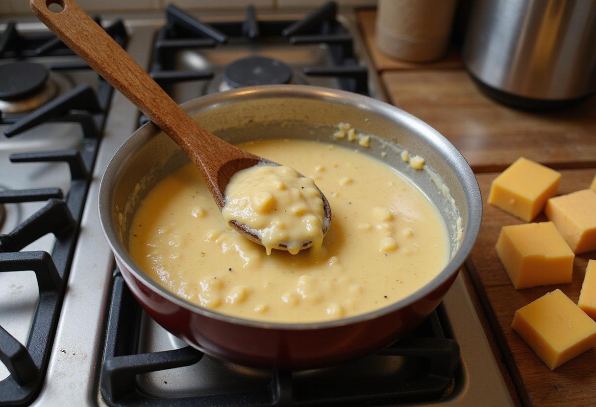 Delicious cheese melting in preparation for How I Met Your Mother Nachos, showcasing the creamy and indulgent cheese sauce.