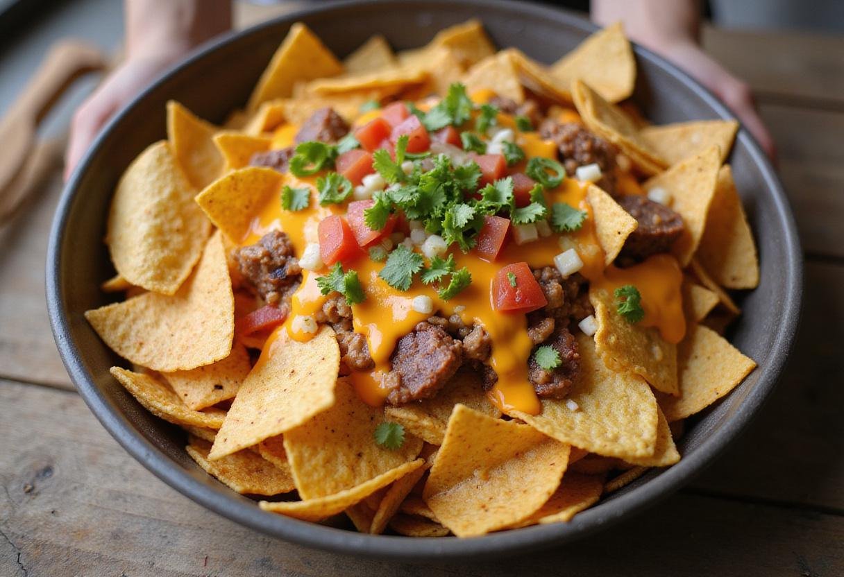 Crispy nachos being coated with rich cheese sauce and vibrant toppings, perfect for How I Met Your Mother Nachos.