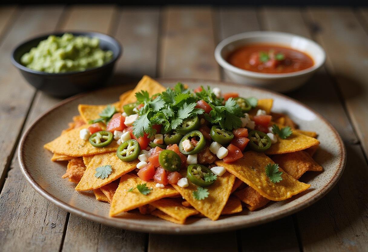 Loaded How I Met Your Mother Nachos with Cheese served with fresh toppings and dips, ideal for sharing.