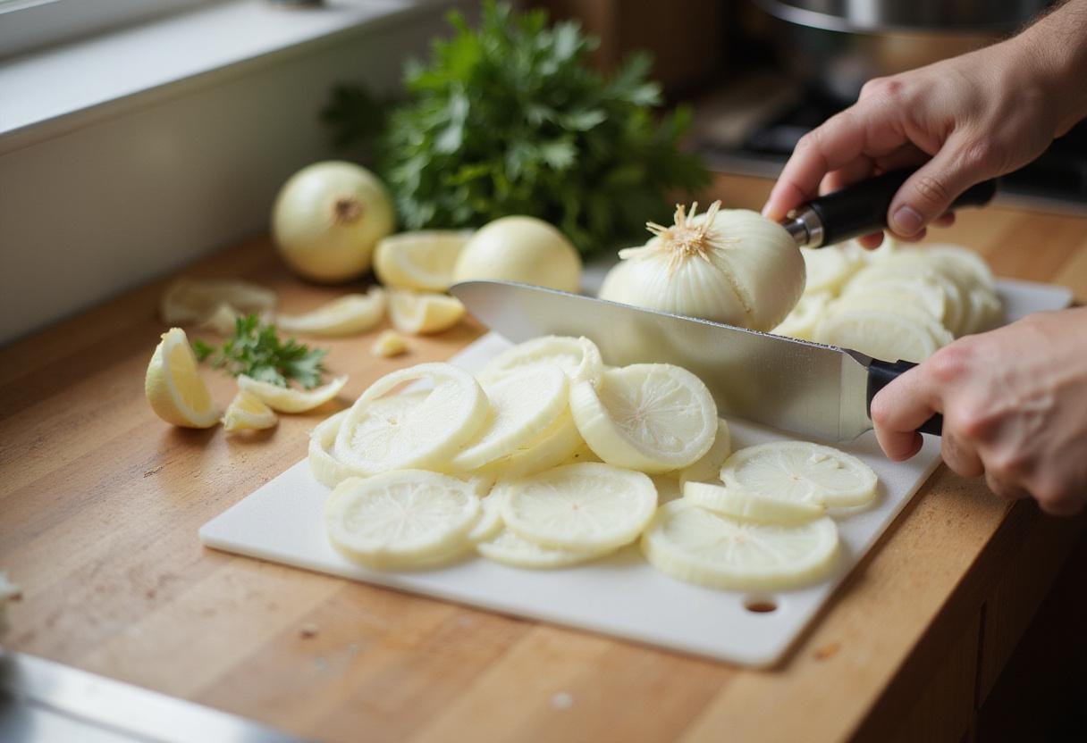 How I Met Your Mother Onion Rings preparation with fresh onions sliced into rings, showcasing the vibrant ingredients and cooking atmosphere.