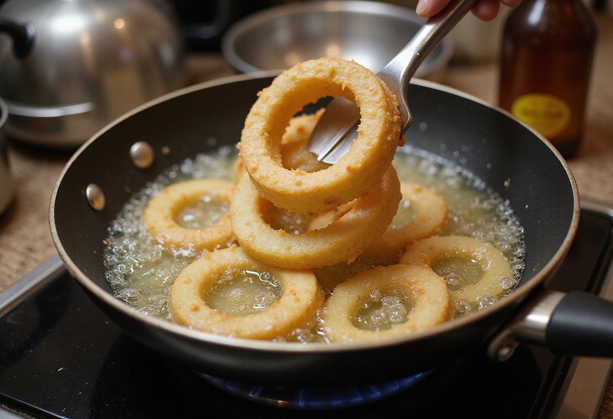 Frying onion rings for How I Met Your Mother Onion Rings, capturing the sizzling action and the golden texture in a warm kitchen environment.