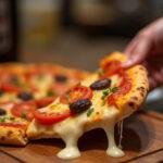 Freshly baked pizza slice from How I Met Your Mother with melted cheese and colorful toppings.