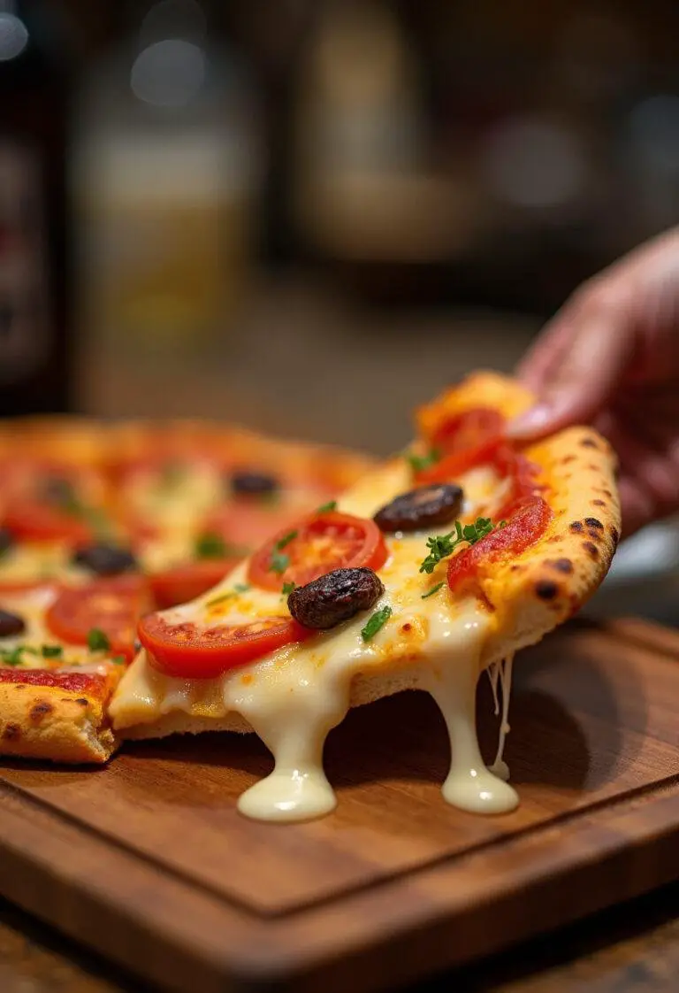 Freshly baked pizza slice from How I Met Your Mother with melted cheese and colorful toppings.