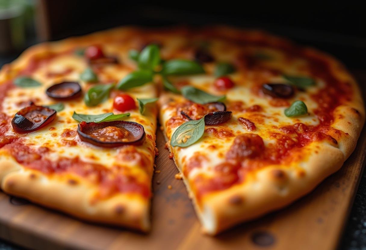 Freshly baked pizza slice from How I Met Your Mother with melted cheese and colorful toppings.