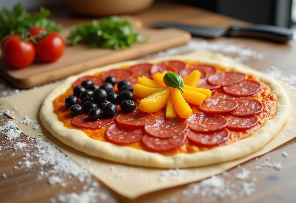 Arranging various toppings on pizza dough for How I Met Your Mother pizza slices.