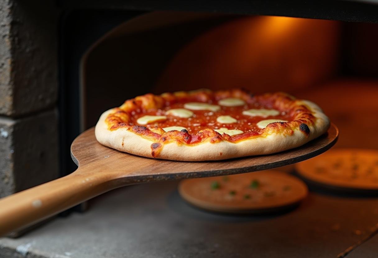 Transferring the pizza into the oven for baking How I Met Your Mother pizza slices.