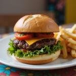 Final presentation of How I Met Your Mother Robin's Burgers, showcasing a deliciously juicy burger with fresh toppings and crispy fries for a perfect meal.