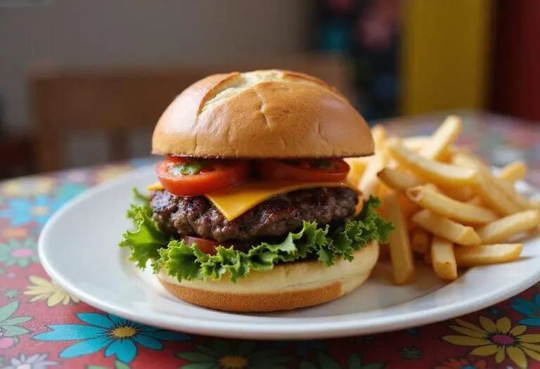 Final presentation of How I Met Your Mother Robin's Burgers, showcasing a deliciously juicy burger with fresh toppings and crispy fries for a perfect meal.