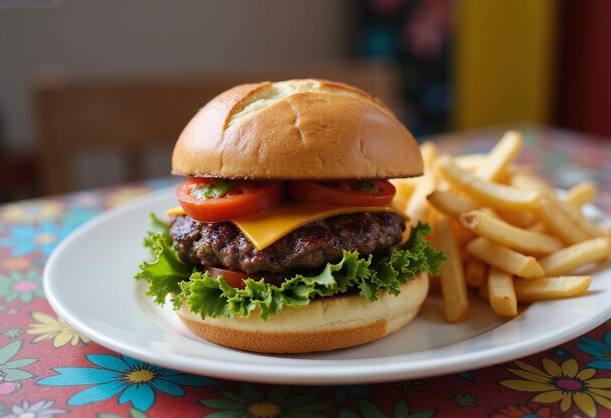 Final presentation of How I Met Your Mother Robin's Burgers, showcasing a deliciously juicy burger with fresh toppings and crispy fries for a perfect meal.