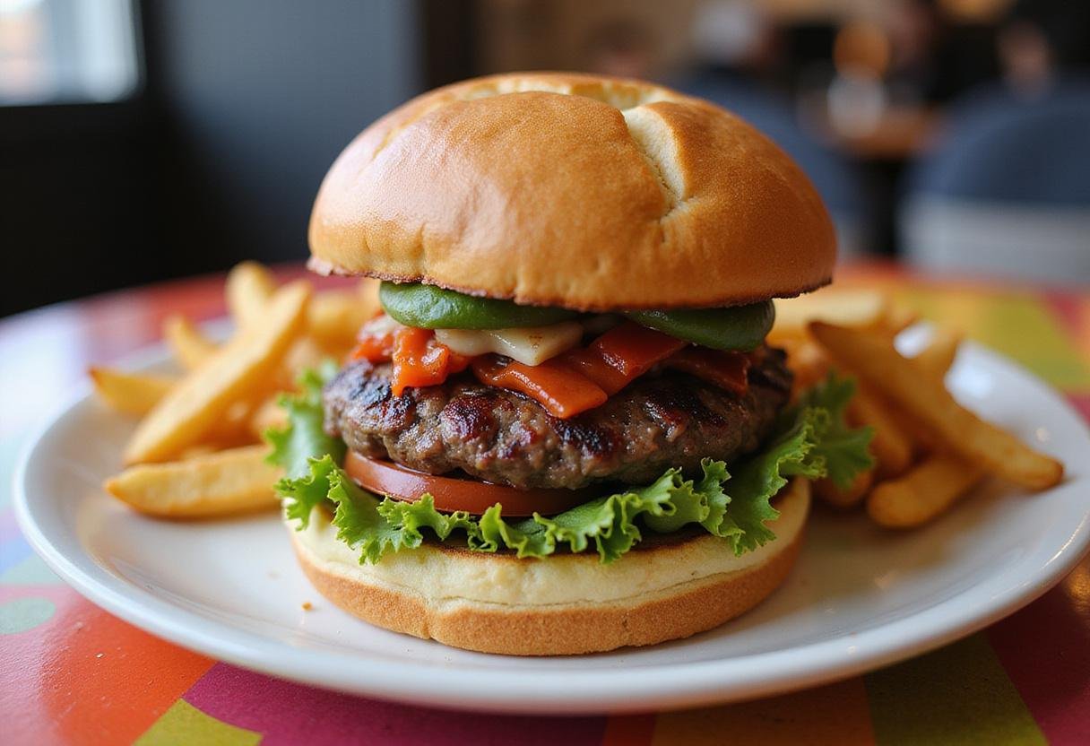 Final presentation of How I Met Your Mother Robin's Burgers, showcasing a deliciously juicy burger with fresh toppings and crispy fries for a perfect meal.