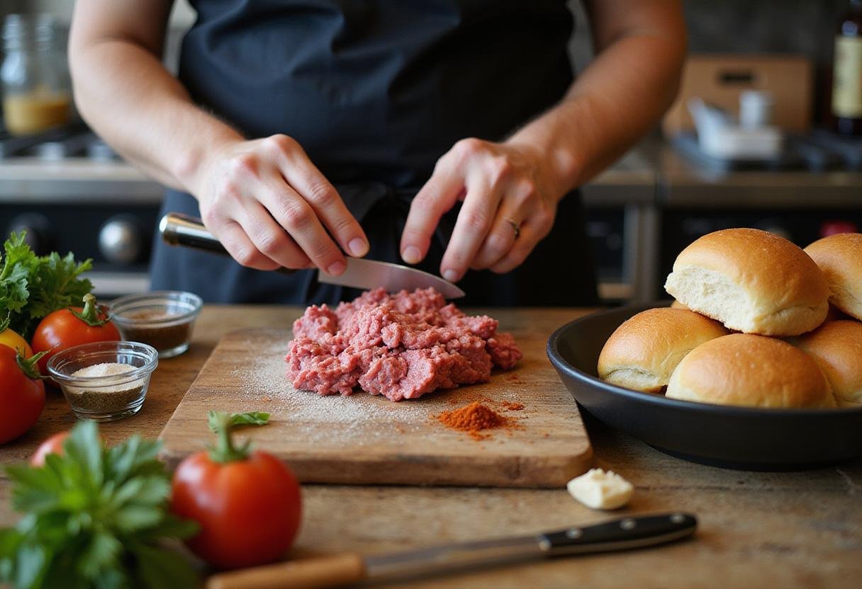Preparing ingredients for How I Met Your Mother Robin's Burgers, featuring ground beef, brioche buns, and fresh vegetables for a delicious burger.