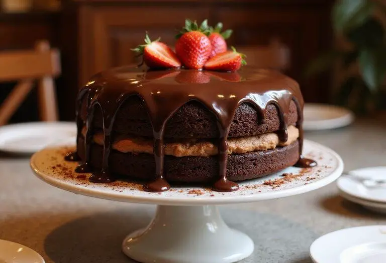 Final presentation of Lucifer Devil’s Food Cake with chocolate ganache and strawberries on a cake stand, displayed invitingly on a dining table.