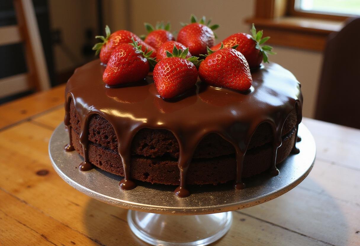 Final presentation of Lucifer Devil’s Food Cake with chocolate ganache and strawberries on a cake stand, displayed invitingly on a dining table.