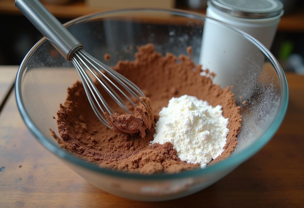 Mixing dry ingredients for Lucifer Devil’s Food Cake, including cocoa powder and flour, in a rustic kitchen setting.