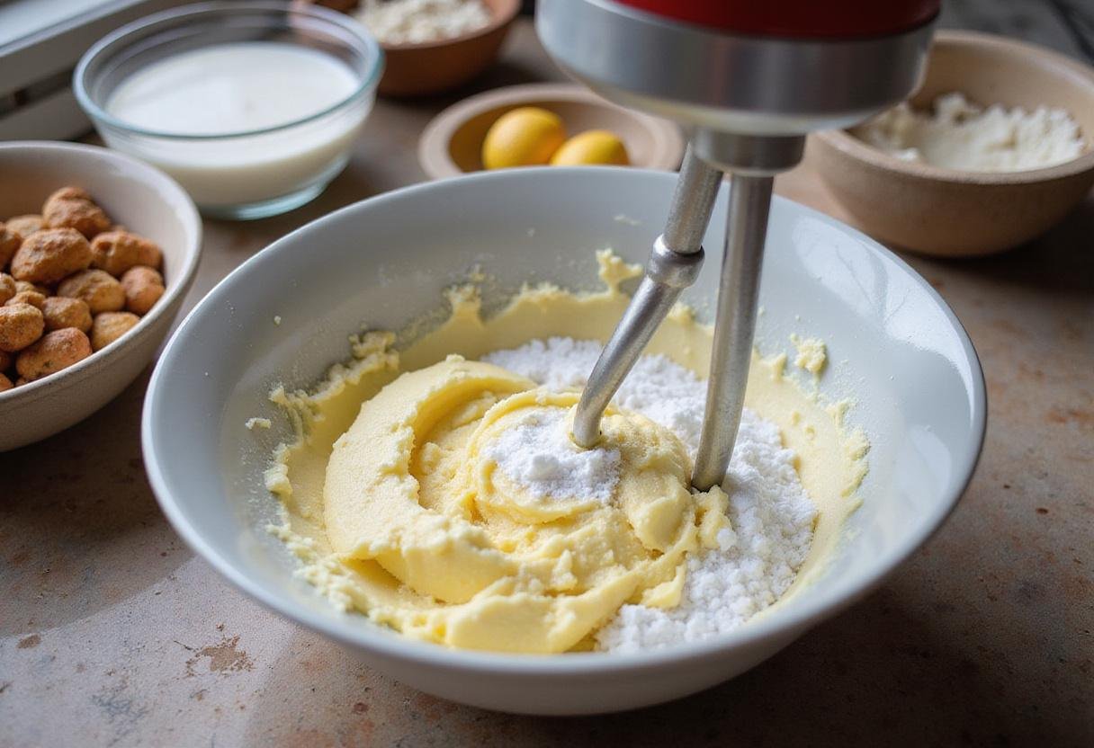 Creaming butter and sugar for Lucifer Devil’s Food Cake, showcasing a rustic kitchen with ingredients ready for baking.