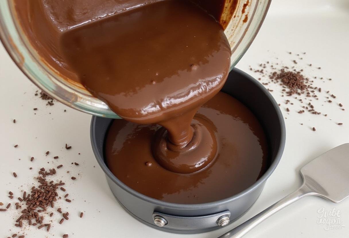 Pouring rich chocolate batter into a round cake pan for Lucifer Devil’s Food Cake, capturing the baking process with sprinkles on the countertop.