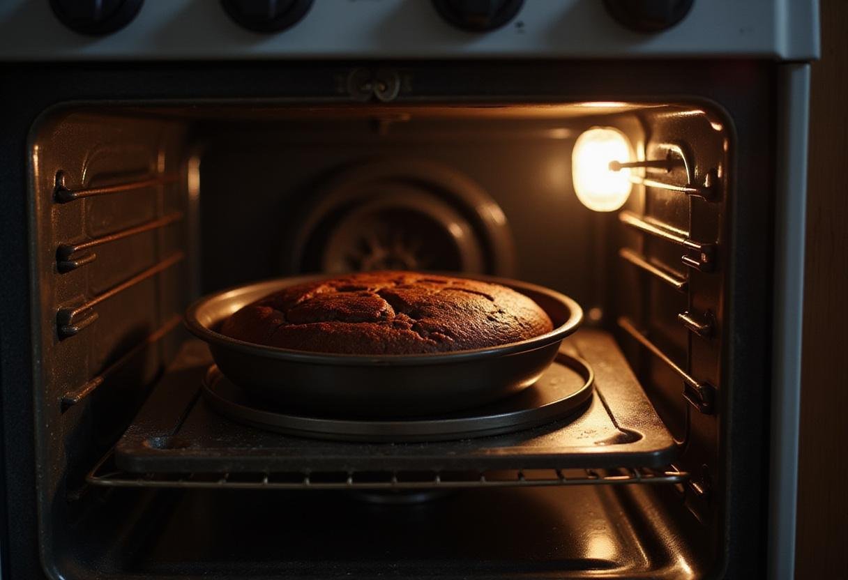 Baking Lucifer Devil’s Food Cake in the oven, showcasing the cake rising perfectly in a cozy kitchen environment.