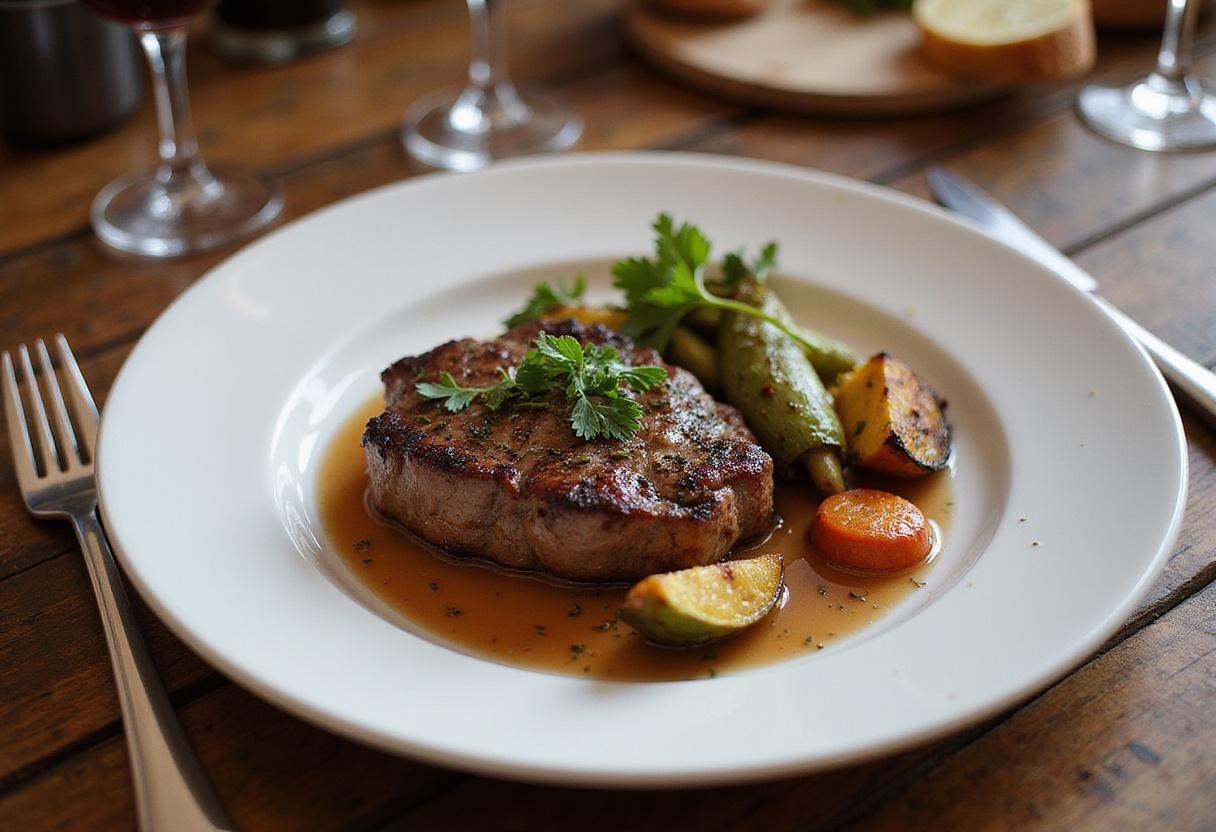 Final presentation of Lucifer Steak with roasted vegetables, showcasing a gourmet meal perfect for an exquisite dinner.