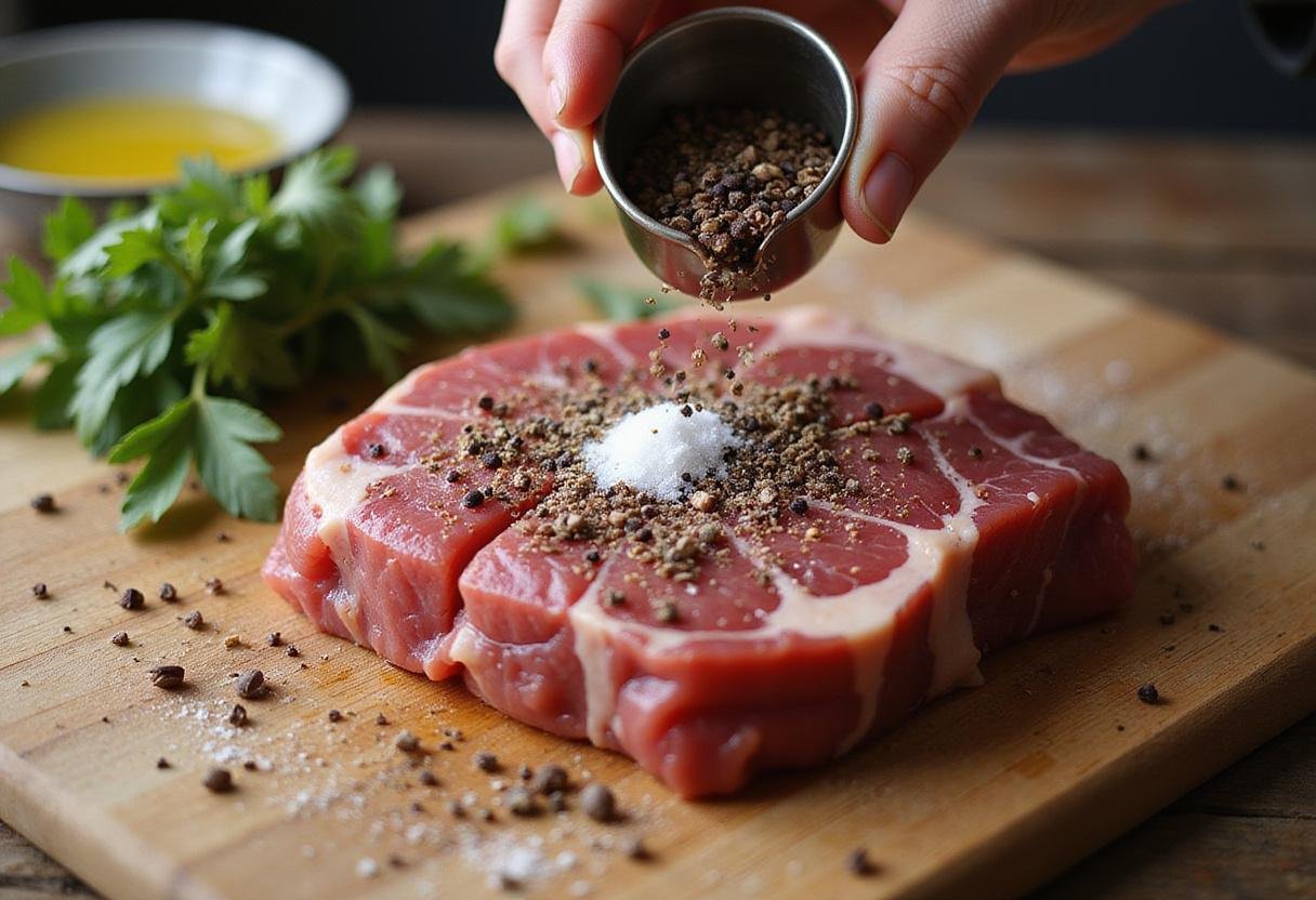 Lucifer Steak preparation with seasoned raw steak, showcasing the rich flavors of the marinade and fresh ingredients.