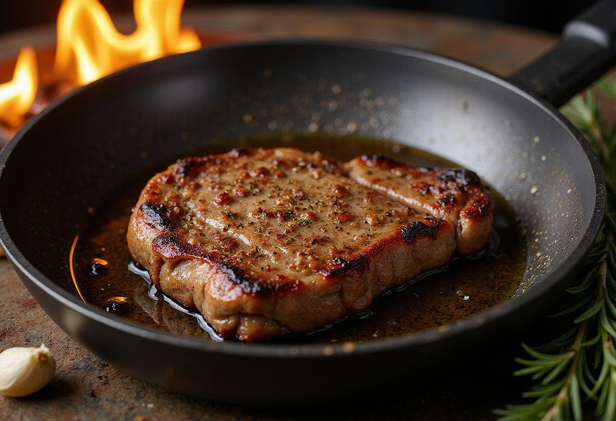 Cooking Lucifer Steak on a hot pan, capturing the perfect sear and aromatic ingredients for a mouthwatering experience.