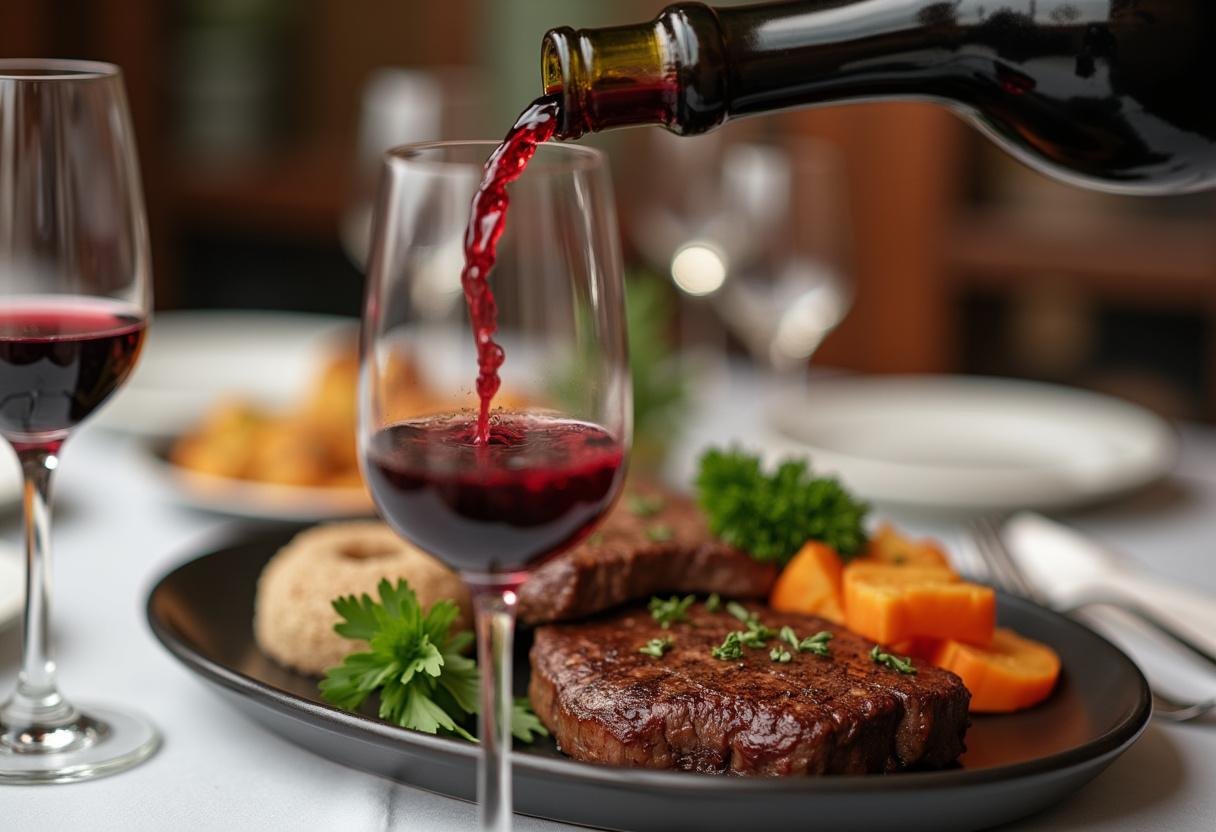 Pouring red wine into a glass, complementing the Lucifer Steak with roasted vegetables for a sophisticated dining experience.