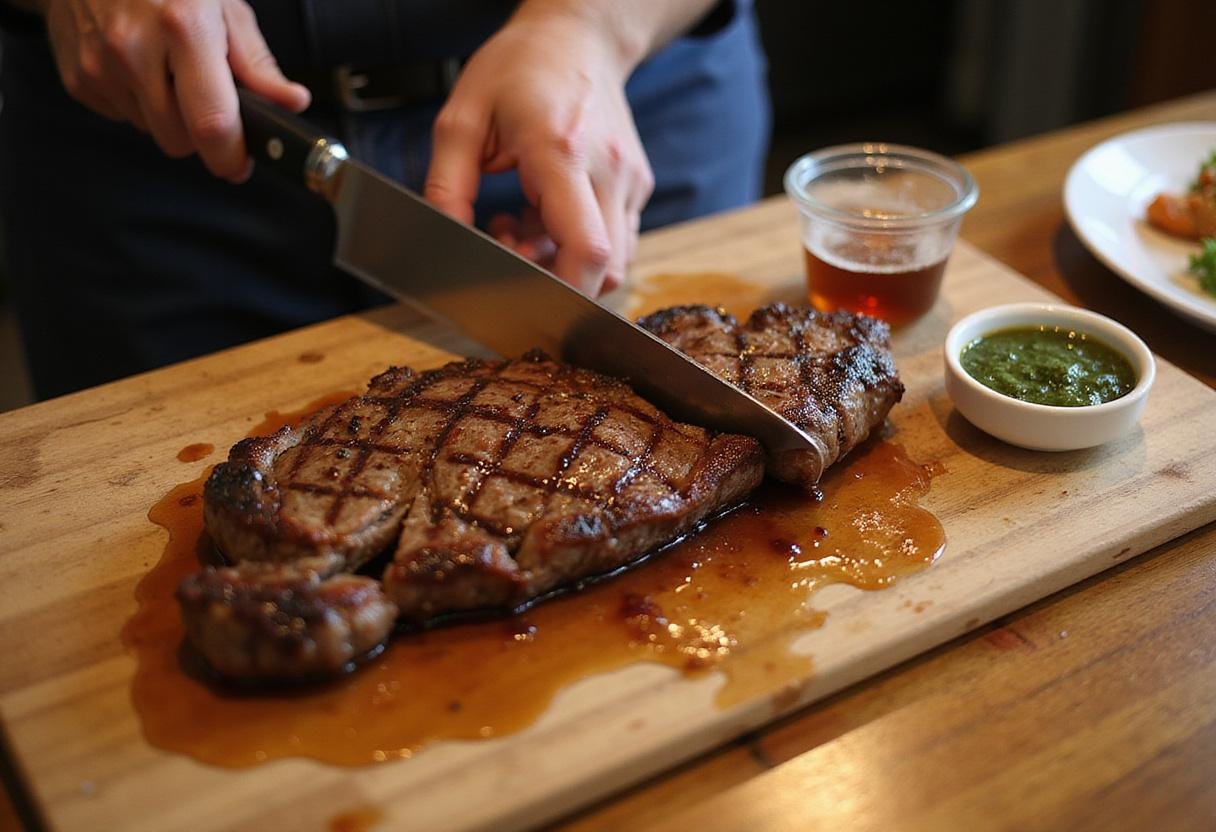 Slicing into cooked Lucifer Steak, showcasing the juicy interior and vibrant sauce detail that enhances the dish.
