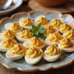 Plated Mad Men Deviled Eggs garnished with paprika, a stunning presentation ready for entertaining.