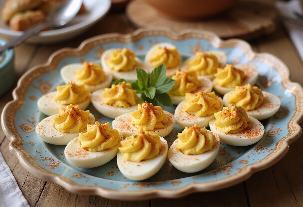 Plated Mad Men Deviled Eggs garnished with paprika, a stunning presentation ready for entertaining.