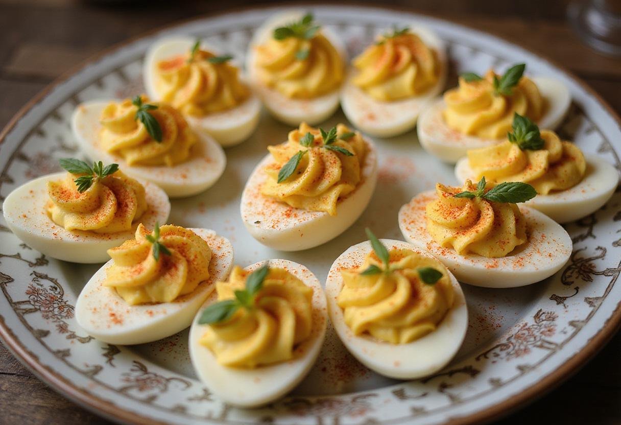 Plated Mad Men Deviled Eggs garnished with paprika, a stunning presentation ready for entertaining.