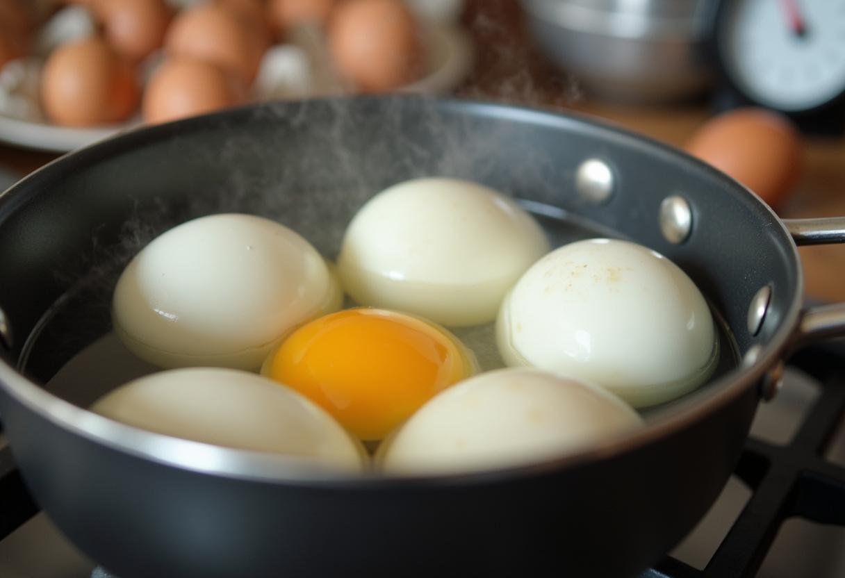 Boiling eggs on a stove for Mad Men Deviled Eggs, step by step preparation, cooking essentials.