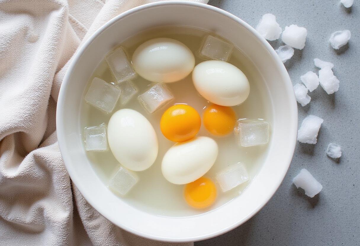 Cooling boiled eggs in ice water for Mad Men Deviled Eggs, essential chilling process for deviled eggs.