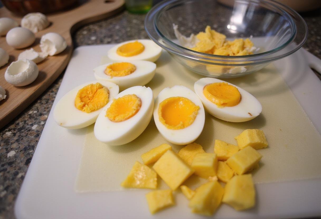 Slicing boiled eggs for Mad Men Deviled Eggs, showcasing preparation for the creamy filling.