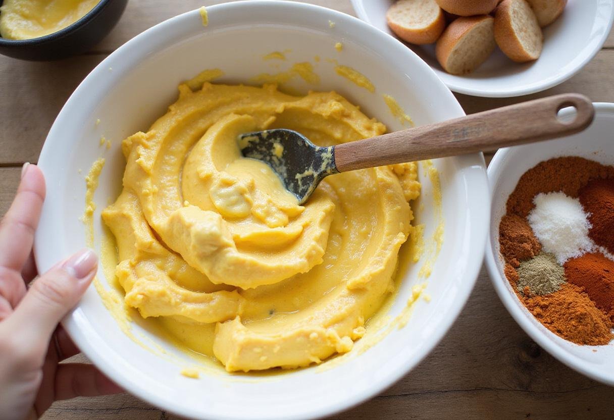 Mixing ingredients for the filling of Mad Men Deviled Eggs, highlighting the creamy preparation process.
