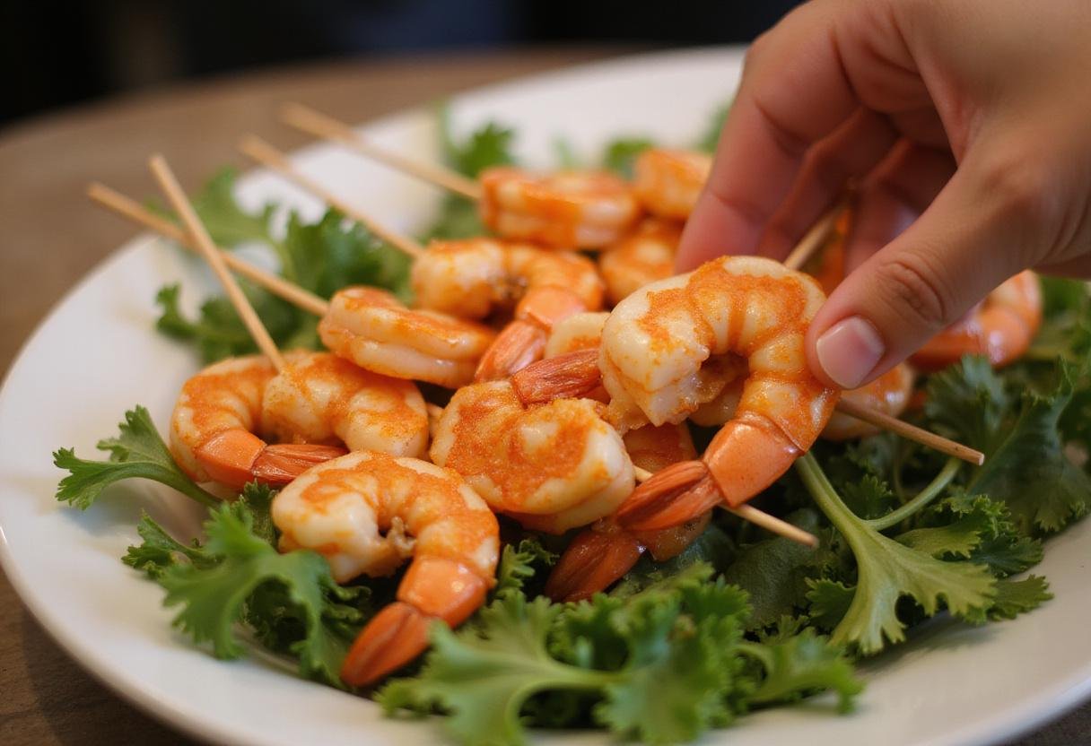 Artfully arranged shrimp on cocktail picks for Mad Men shrimp cocktail, ready to serve, with fresh garnishes enhancing the presentation.