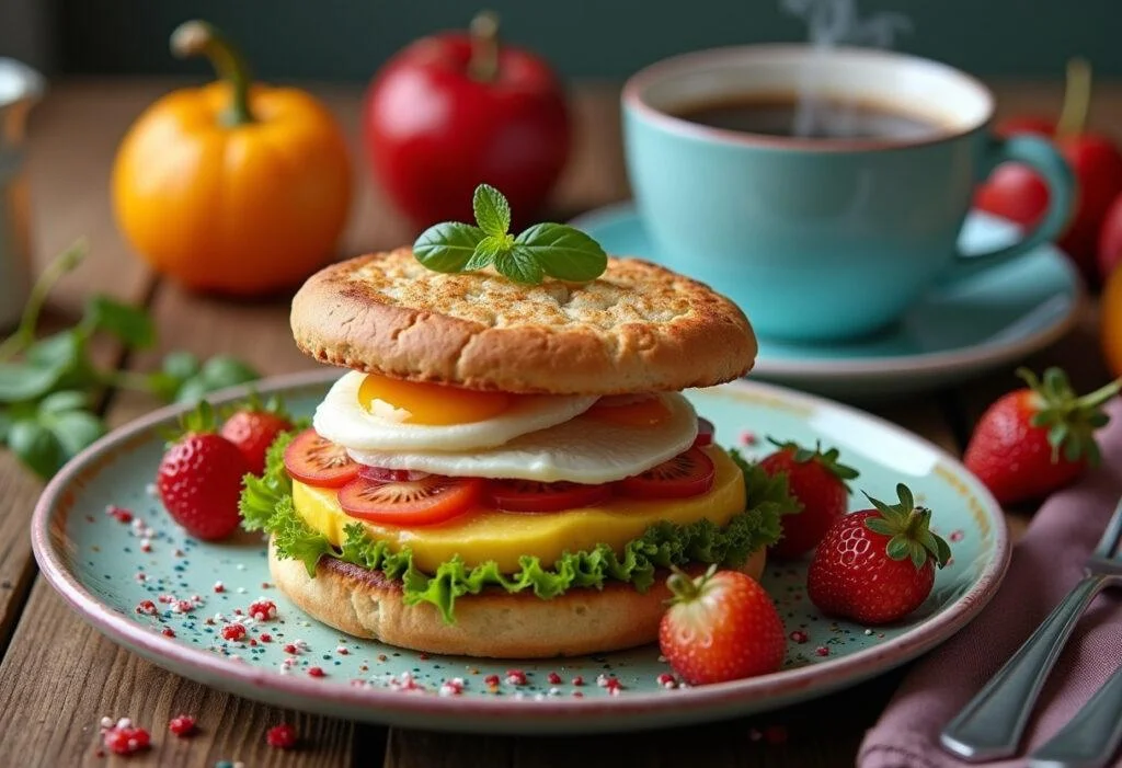 Beautifully presented Modern Family Breakfast Sandwich on a plate, accompanied by coffee, ideal for a family breakfast gathering.