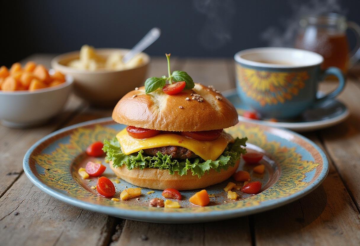 Beautifully presented Modern Family Breakfast Sandwich on a plate, accompanied by coffee, ideal for a family breakfast gathering.